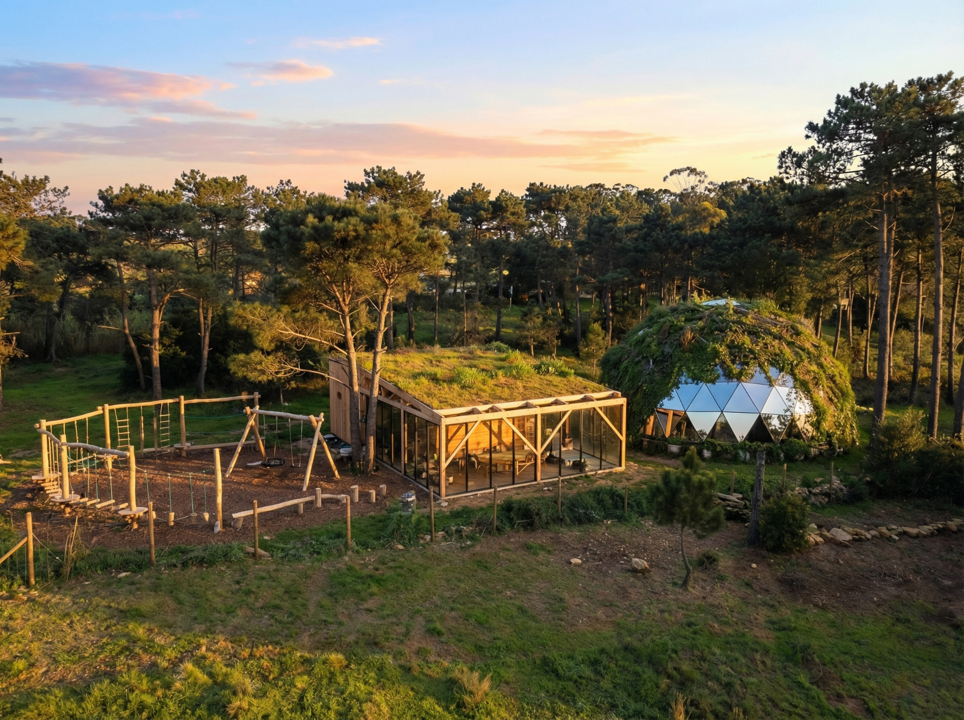 The glasshouse, the dome and the playground, at dusk
